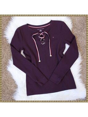 Tommy Hilfiger Purple Waffle Knit Lace Up Henley Extra Small
